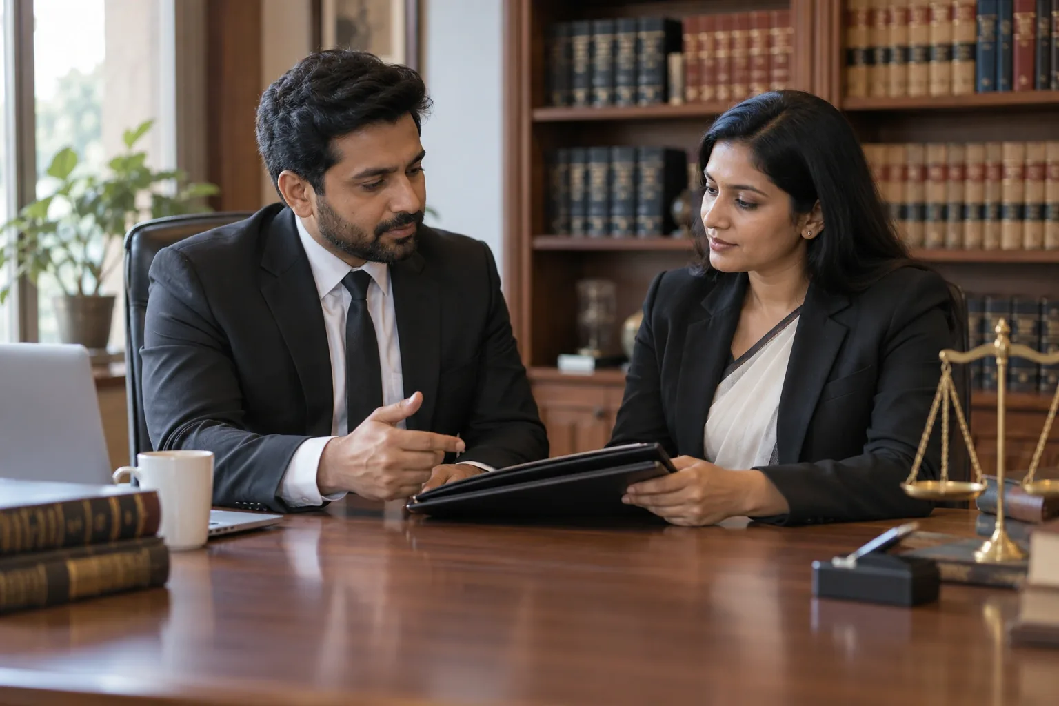 Two Indian adult legal professionals discussing a closed client folder across a refined law office desk, quiet confidence, oak bookshelves, no courtroom or visible seals.