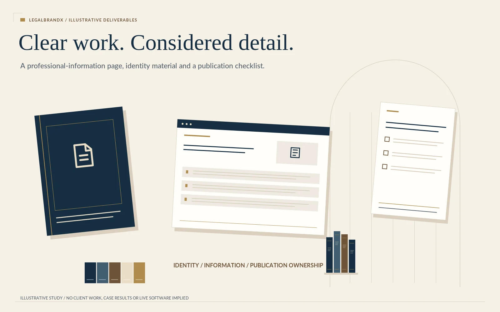 Illustrative deliverables: identity standards, reviewed practice information and publication records — a concept study, not client work